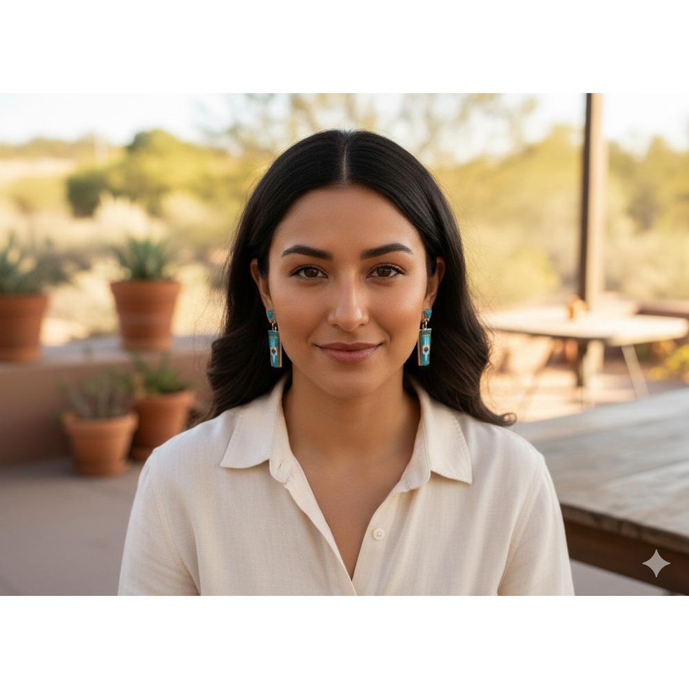 Zuni Sunface Inlay Earrings Silver Turquoise Dangle Signed Native Jewelry ***